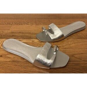Tory Burch Pierced Leather Silver Slides Sandals Metallic Size 9 Shoes